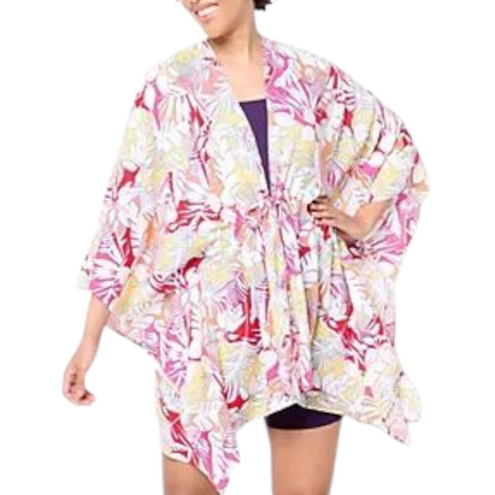 Lands End Pink Floral Viscose Tie Waist Swim Coverup Beach Kimono OS